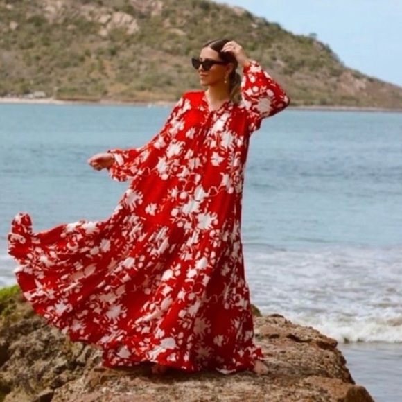 Johanna Ortiz Vibrant Red and Cream Maxi Dress - Picture 4 of 15